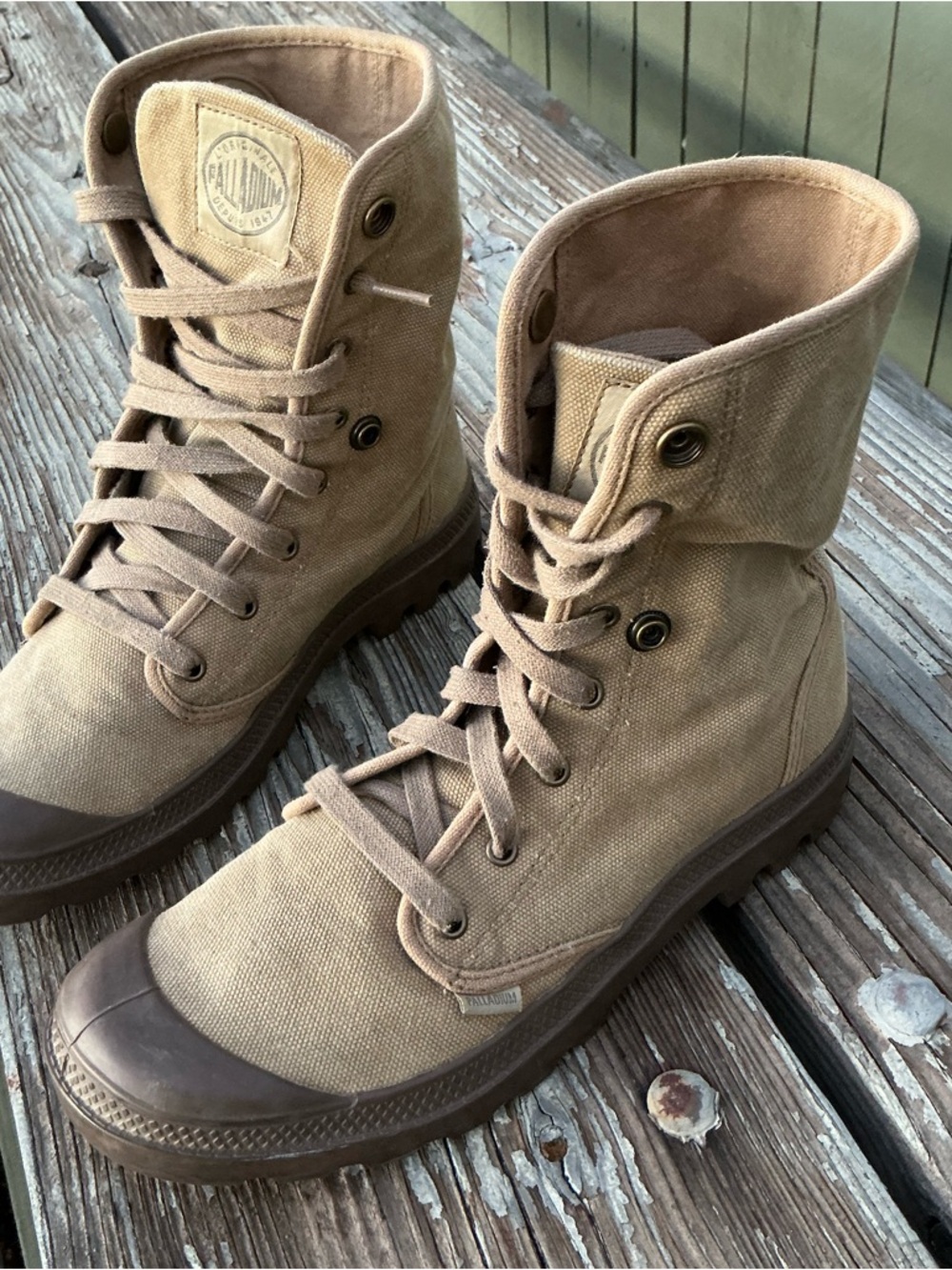 Palladium Men's Tan Canvas High-Top Boots with Brown Sole